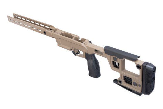 Ergonomic bolt action chassis with Flat Dark Earth Cerakote finish.